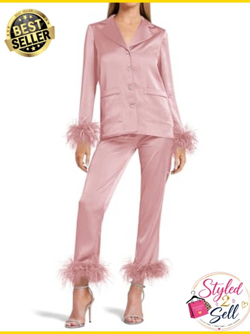 Silk Satin Pajama Set Feather Trim Long Sleeve Lounge Bridal Gift - Picture 1 of 6